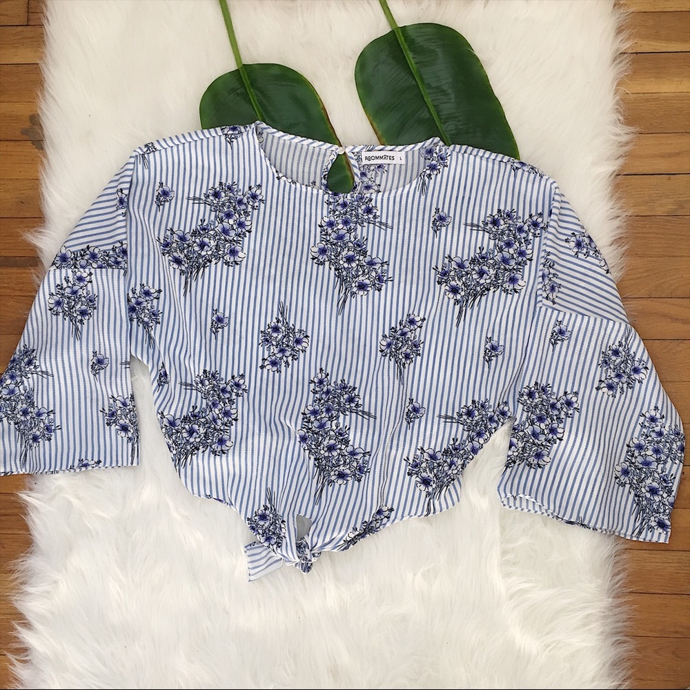 Womens Floral Crop Blouse Sz L Batwing EUC Striped